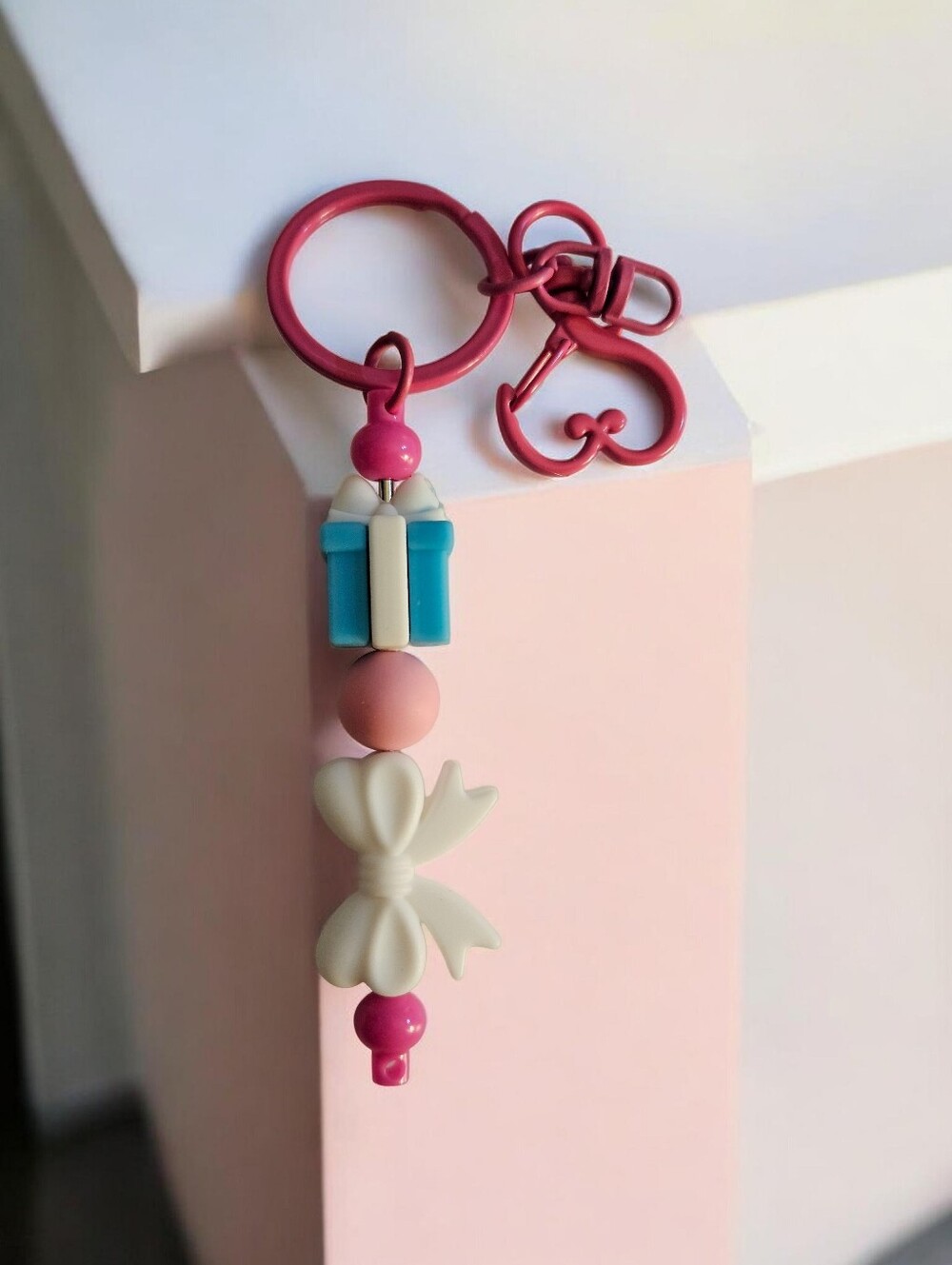 Pink Keyring Charm with White Bow and Blue Gift Bead